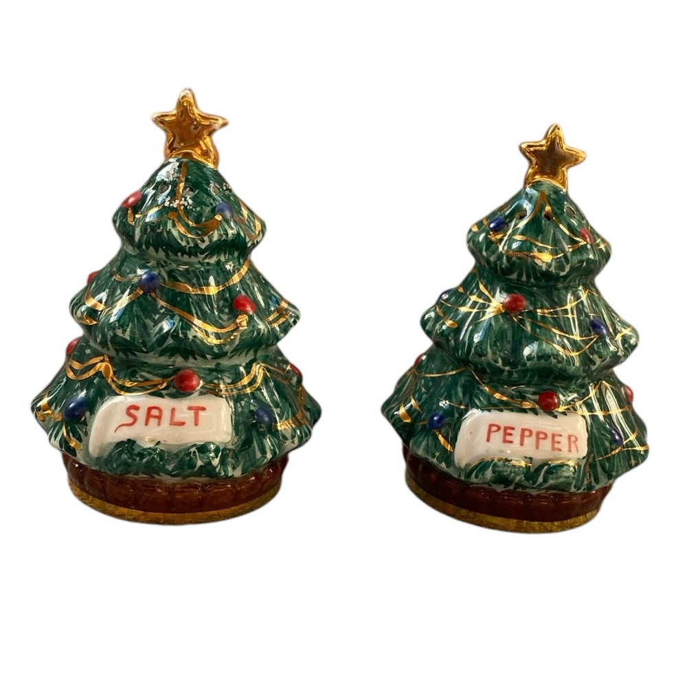 Italian Christmas Hand Painted Porcelain Salt Pepper Excellent Condition!